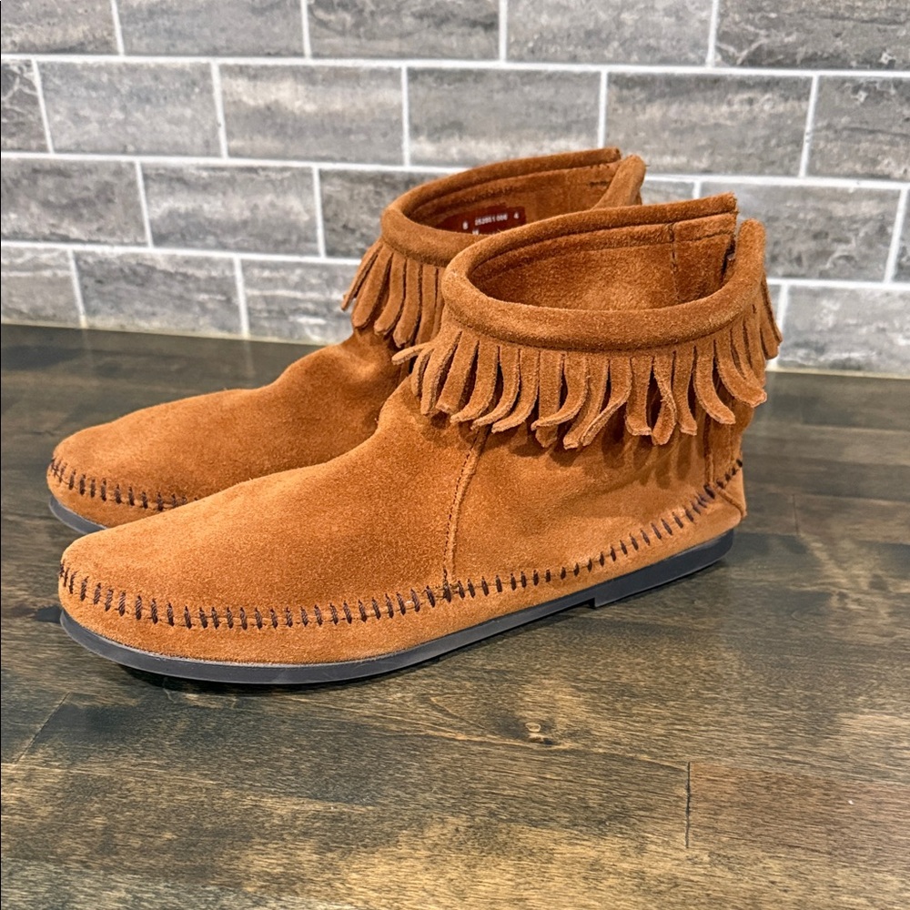 Minnetonka Suede Fringe Ankle Boots - Chestnut Brown